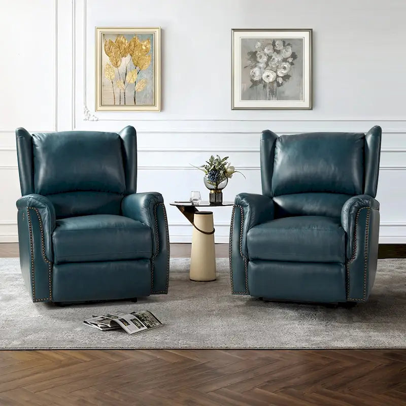 Fauteuil inclinable électrique en cuir véritable avec port USB – Dossier à oreilles et clous décoratifs, ensemble de 2