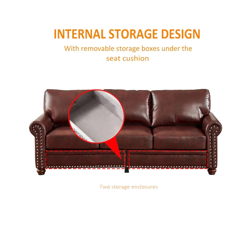 Classic 83 PU Leather Upholstered 3-Seater Sofa with Bottom Storage Box and Nailhead Decoration