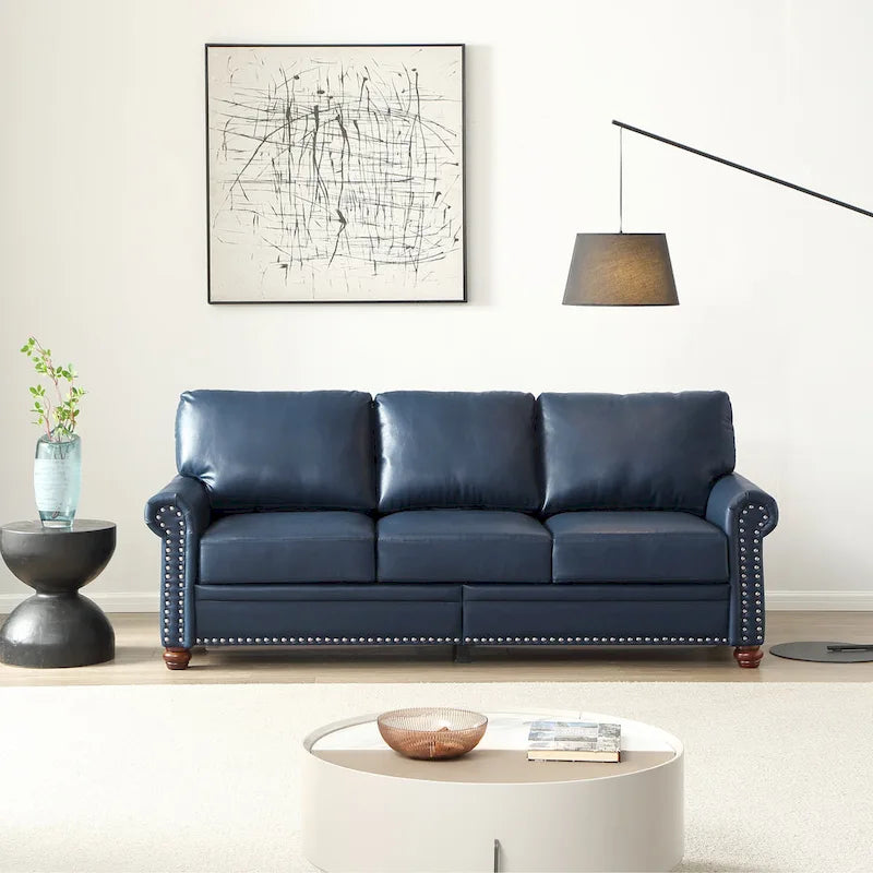 Classic 83 PU Leather Upholstered 3-Seater Sofa with Bottom Storage Box and Nailhead Decoration