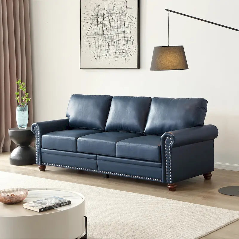 Classic 83 PU Leather Upholstered 3-Seater Sofa with Bottom Storage Box and Nailhead Decoration