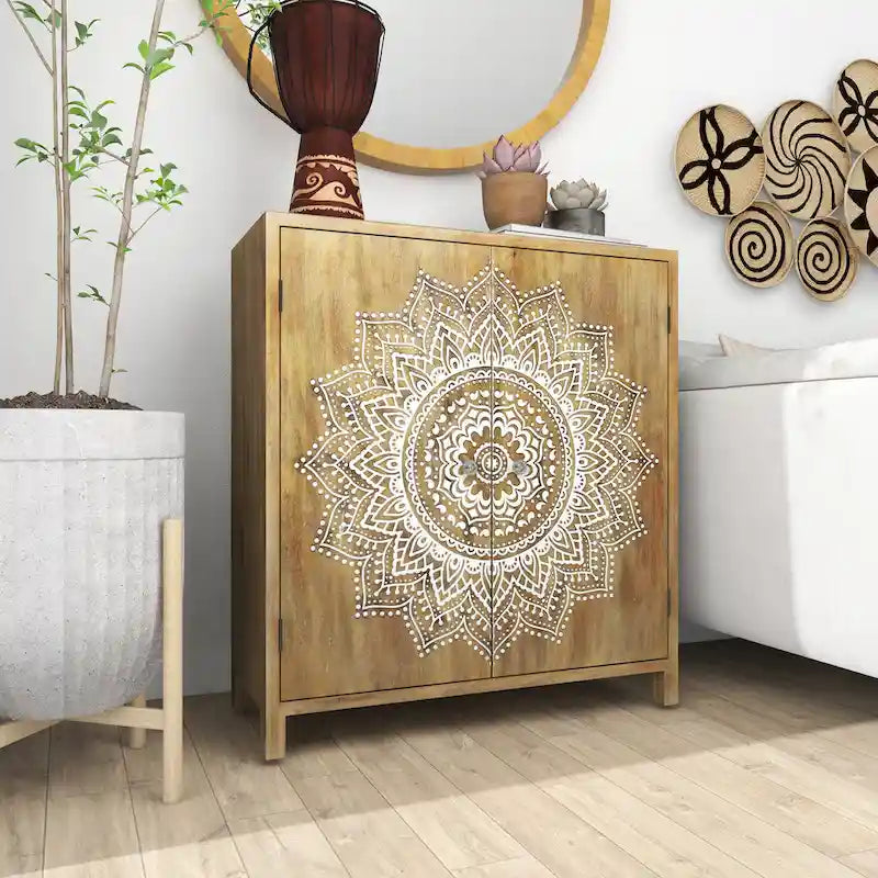 Wood Floral Intricately Carved 1 Shelf and 2 Doors Room Cabinet - Brown