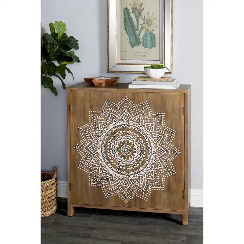 Wood Floral Intricately Carved 1 Shelf and 2 Doors Room Cabinet - Brown