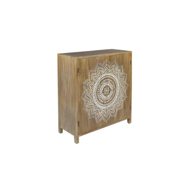 Wood Floral Intricately Carved 1 Shelf and 2 Doors Room Cabinet - Brown