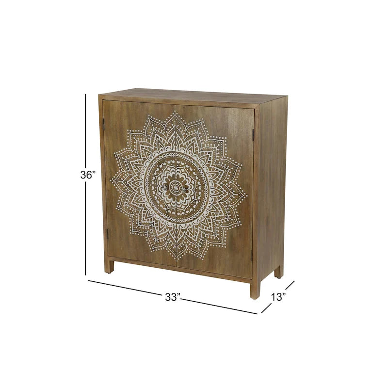 Wood Floral Intricately Carved 1 Shelf and 2 Doors Room Cabinet - Brown