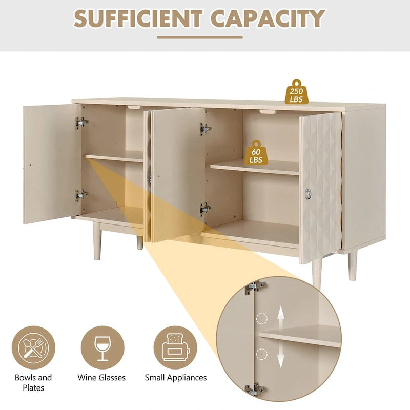 Modern 4-Door Sideboard with Convex Pattern Doors & 2 Silver Handle