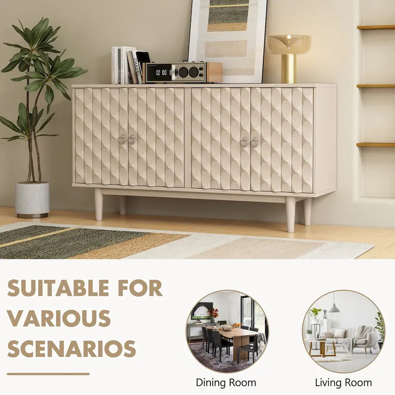 Modern 4-Door Sideboard with Convex Pattern Doors & 2 Silver Handle