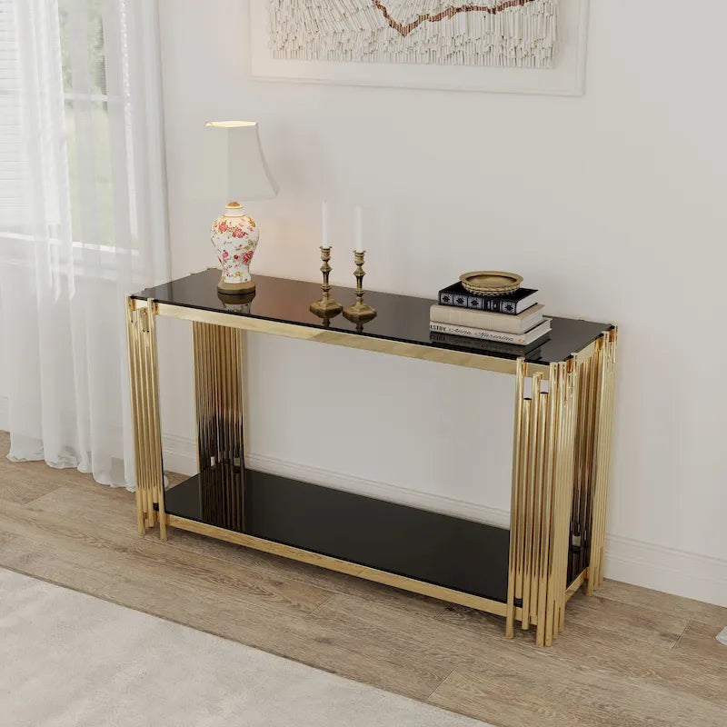 Console étroite à 2 niveaux avec structure en métal doré et plateau en verre trempé