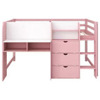Lit bas mezzanine rose et blanc avec bureau, rangement et tableau blanc - Jumeau, 1 personne
