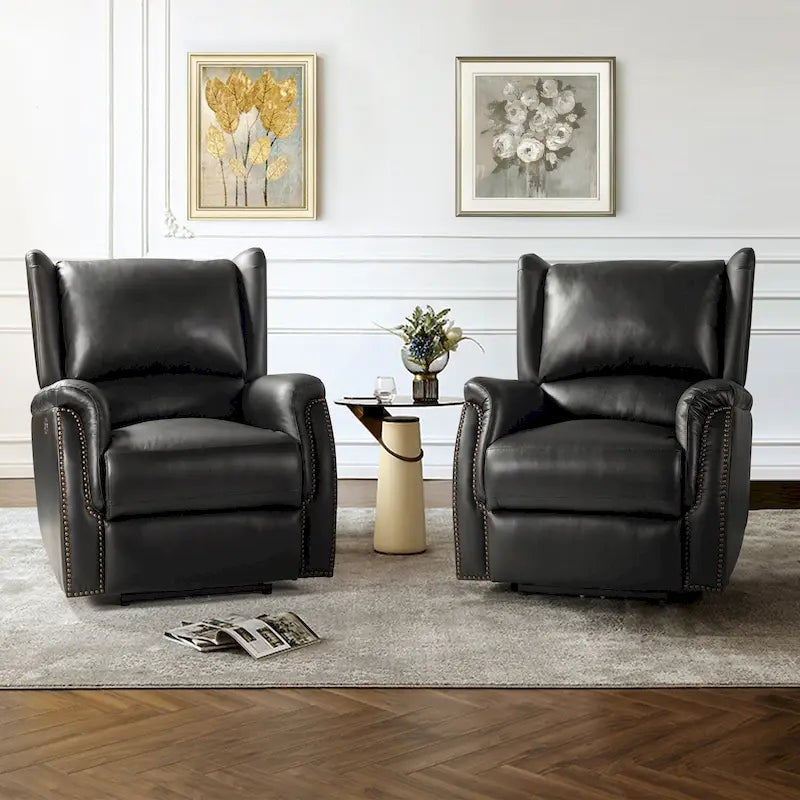 Fauteuil inclinable électrique en cuir véritable avec port USB – Dossier à oreilles et clous décoratifs, ensemble de 2