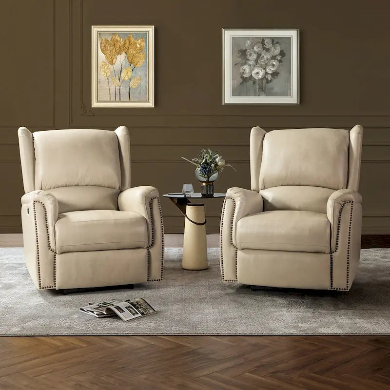 Fauteuil inclinable électrique en cuir véritable avec port USB – Dossier à oreilles et clous décoratifs, ensemble de 2