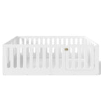 Lit Montessori au sol pour enfant, taille une place, blanc, avec barrières et porte – bois massif