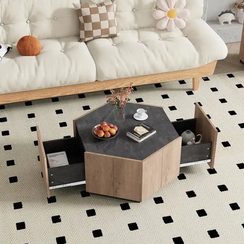 Table basse rétro de jardin hexagonale avec 2 tiroirs