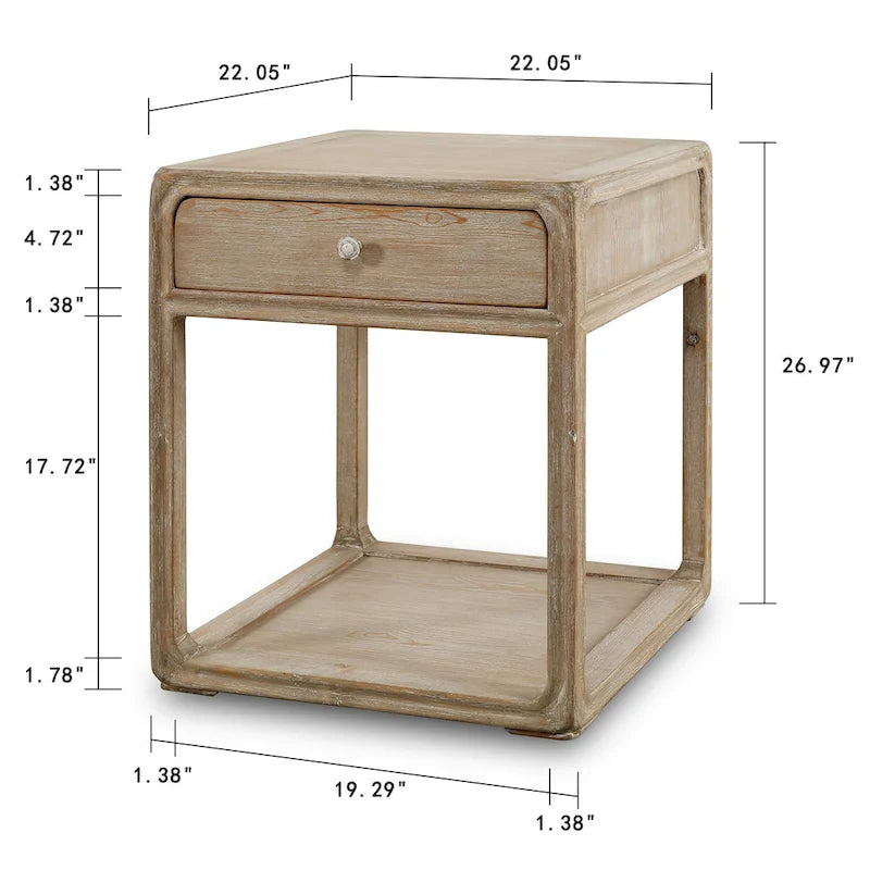 Square Side Table w/Drawer, 27Inch Tall, White Wash