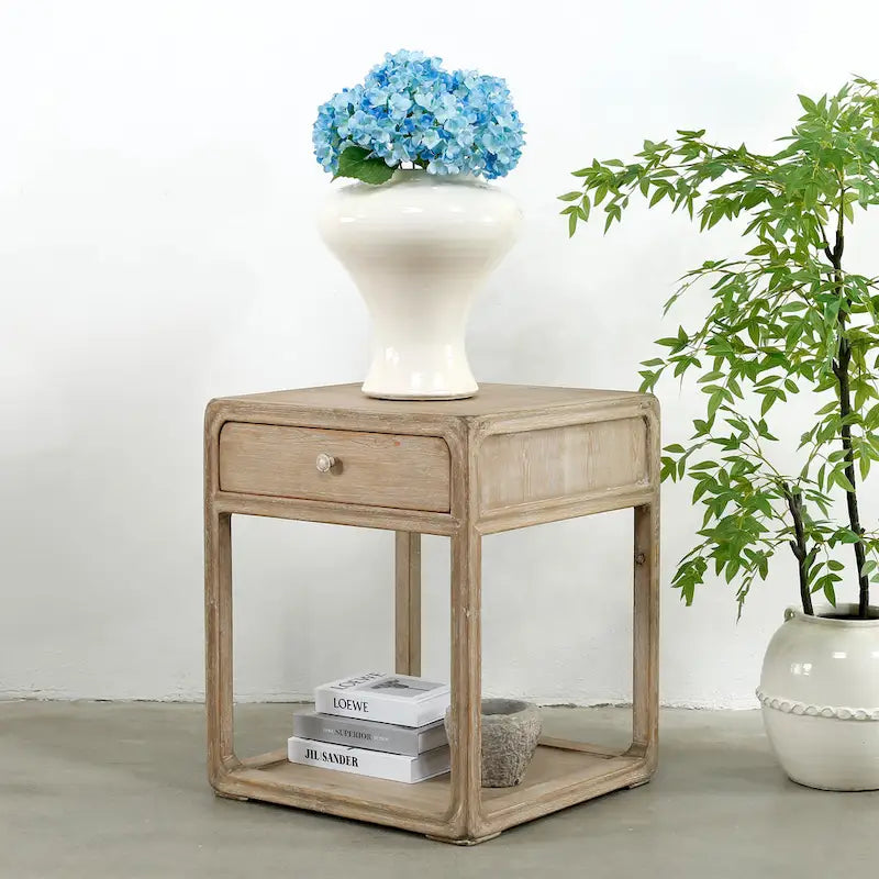 Square Side Table w/Drawer, 27Inch Tall, White Wash