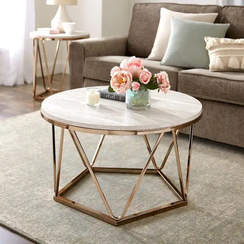 Table basse ronde moderne en similicuir marbre avec piètement géométrique doré