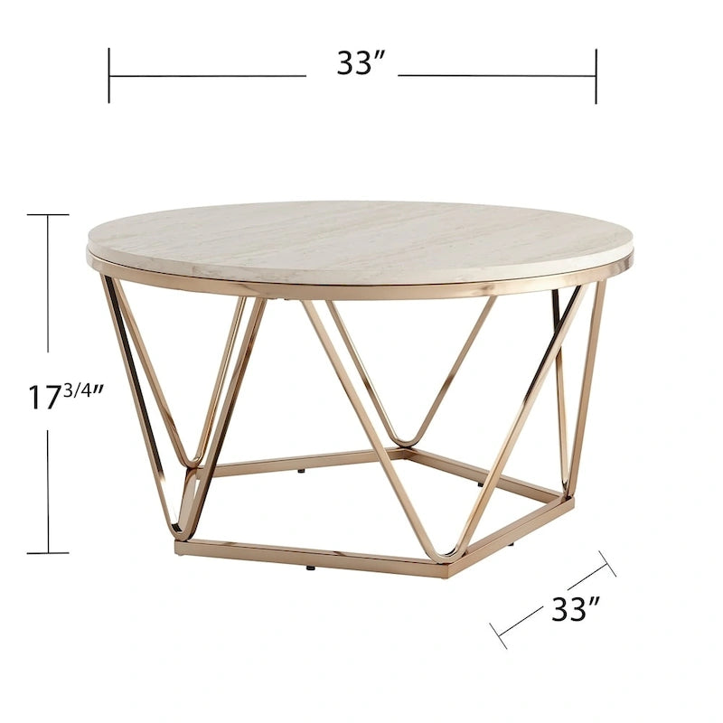 Modern Faux Marble Round Coffee Table with Gold Geometric Base