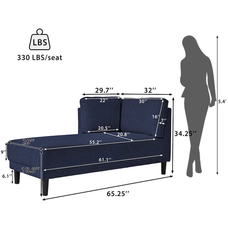 65 Linen Fabric Corner Sofa, Upholstered Indoor Chaise Lounge, Sleeper Sofa, Solid Wood Sofa Bed for Bedroom Living Room