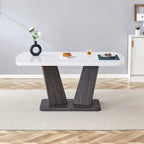 Table à manger moderne avec base en MDF en V/ Ensemble de 6 chaises de salle à manger capitonnées en lin