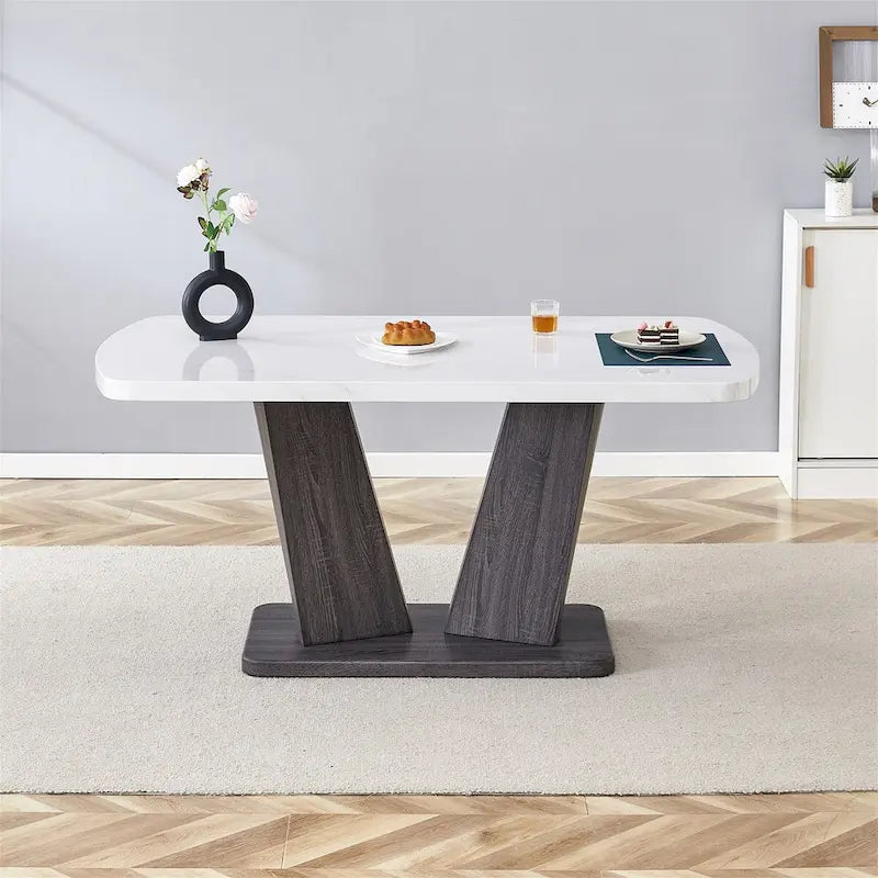 Modern Dining Table with V-Shape MDF Base/ Linen Tufted Dining Room Chairs Set of 6