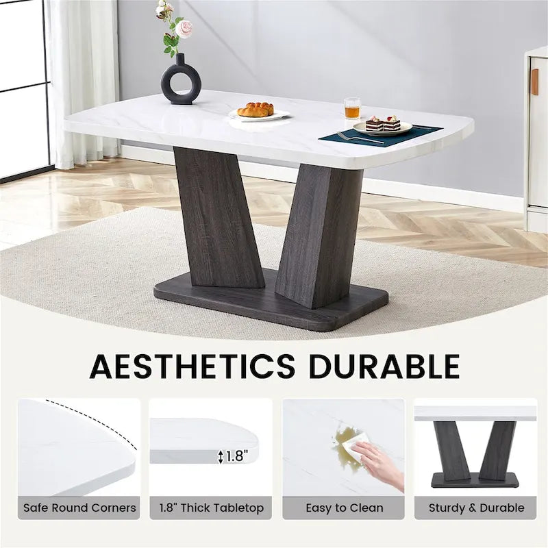 Modern Dining Table with V-Shape MDF Base/ Linen Tufted Dining Room Chairs Set of 6