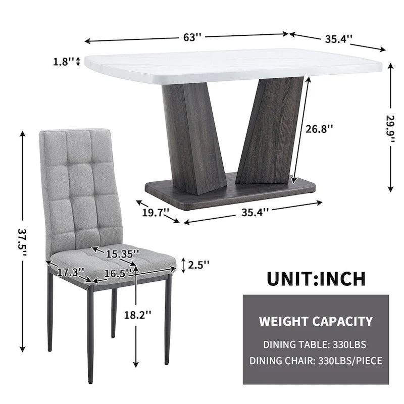 Modern Dining Table with V-Shape MDF Base/ Linen Tufted Dining Room Chairs Set of 6