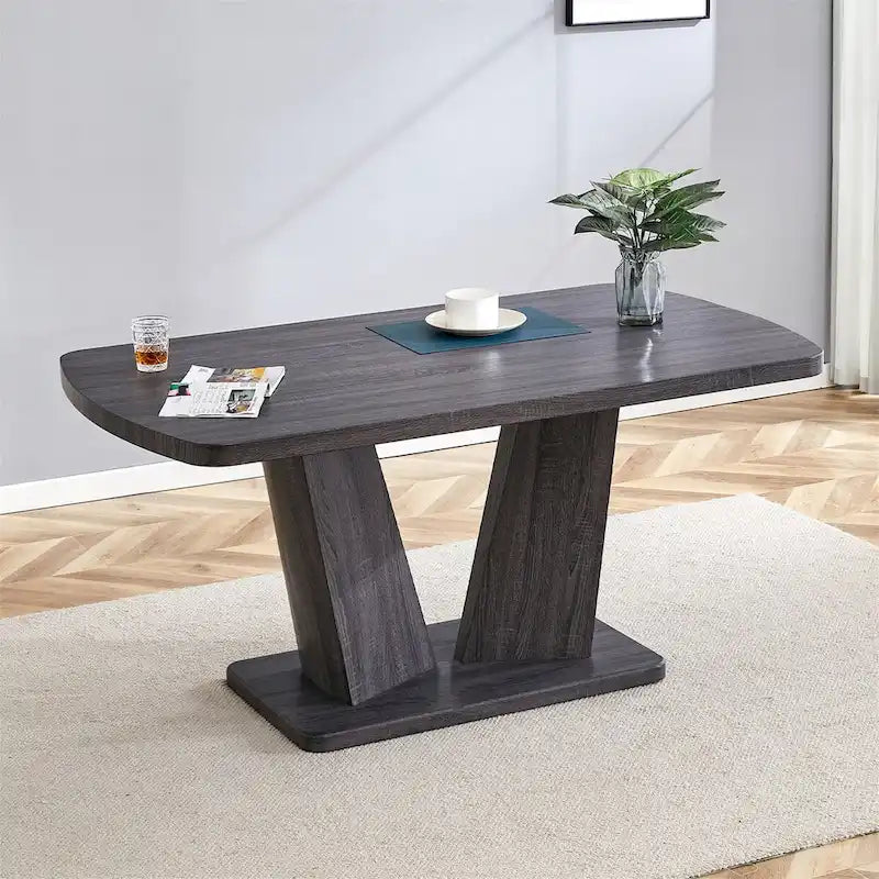 Modern Dining Table with V-Shape MDF Base/ Linen Tufted Dining Room Chairs Set of 6