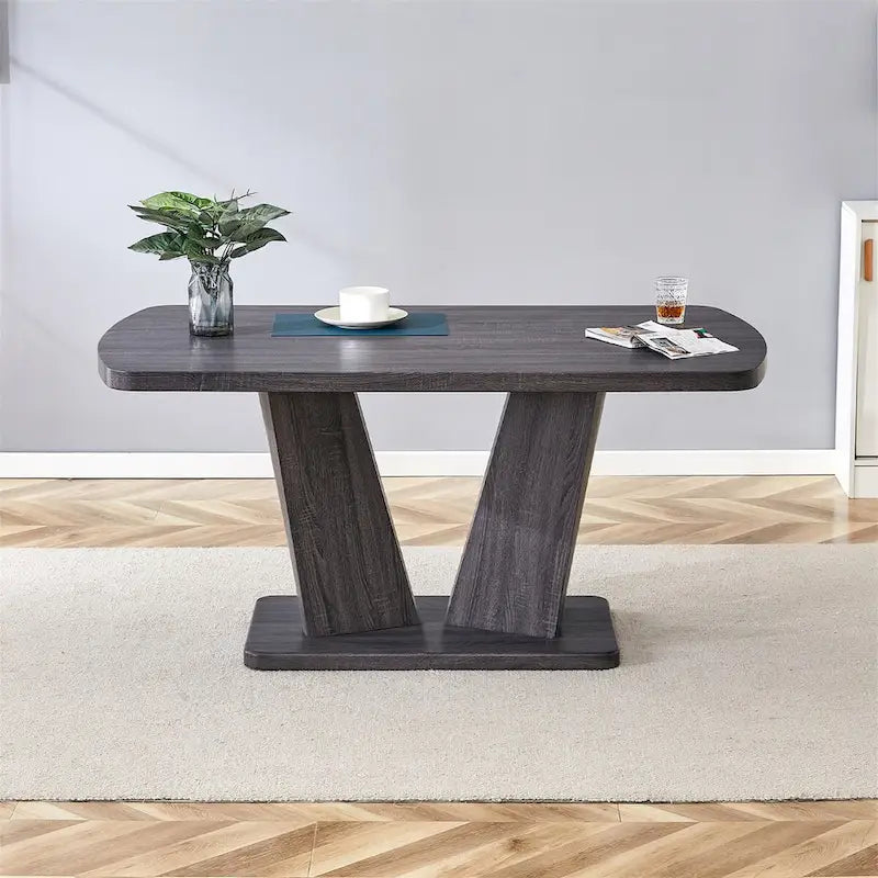 Modern Dining Table with V-Shape MDF Base/ Linen Tufted Dining Room Chairs Set of 6