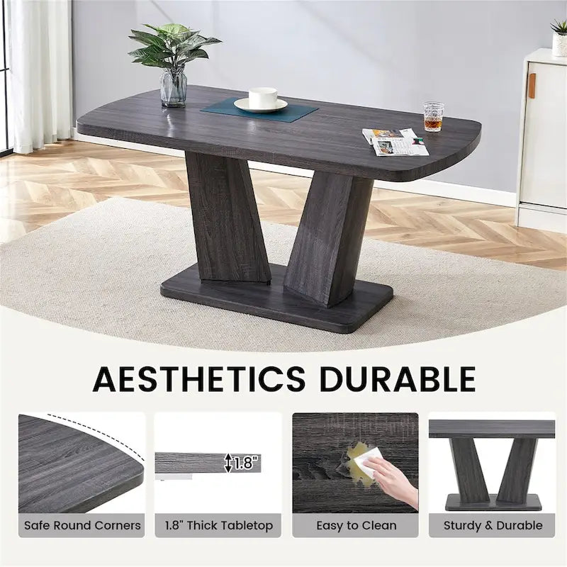 Modern Dining Table with V-Shape MDF Base/ Linen Tufted Dining Room Chairs Set of 6