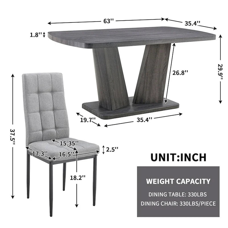Modern Dining Table with V-Shape MDF Base/ Linen Tufted Dining Room Chairs Set of 6