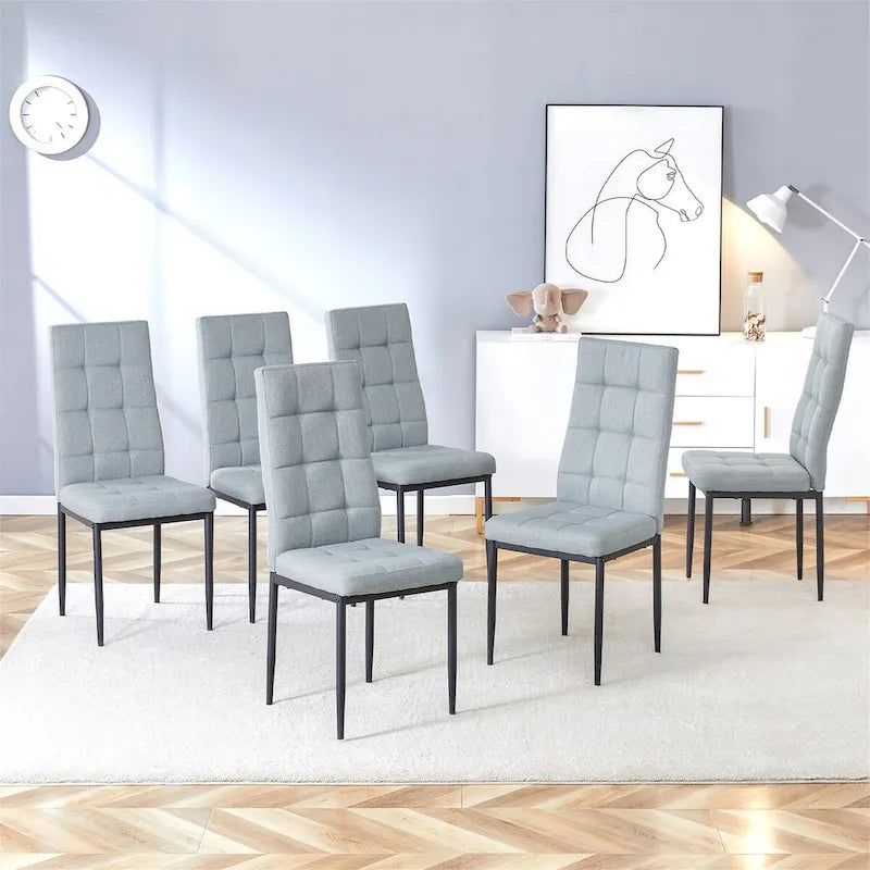 Modern Dining Table with V-Shape MDF Base/ Linen Tufted Dining Room Chairs Set of 6