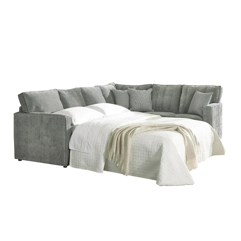 Grey Sectional Sofa Bed w/ Queen Gel Memory Foam Mattress