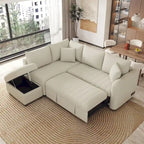 Canapé d'angle convertible en forme de L avec prises USB et électriques et pouf de rangement mobile, beige
