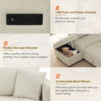Canapé d'angle convertible en forme de L avec prises USB et électriques et pouf de rangement mobile, beige