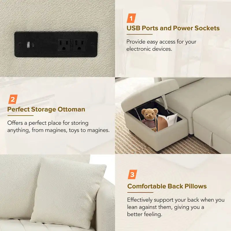 L-shaped Sectional Pull Out Sofa Bed Sleeper Sofa USB,Power Sockets and a Movable Storage Ottoman, Beige