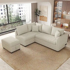 Canapé d'angle convertible en forme de L avec prises USB et électriques et pouf de rangement mobile, beige