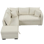 Canapé d'angle convertible en forme de L avec prises USB et électriques et pouf de rangement mobile, beige