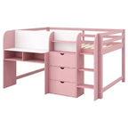 Lit bas mezzanine rose et blanc avec bureau, rangement et tableau blanc - Jumeau, 1 personne